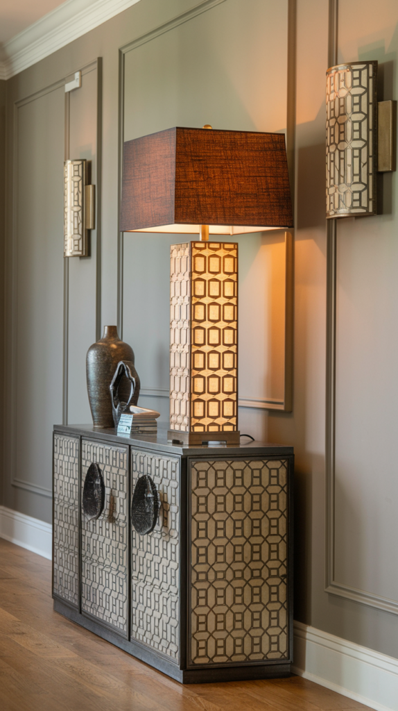 A hallway entry with elegant decorative lighting fixtures.