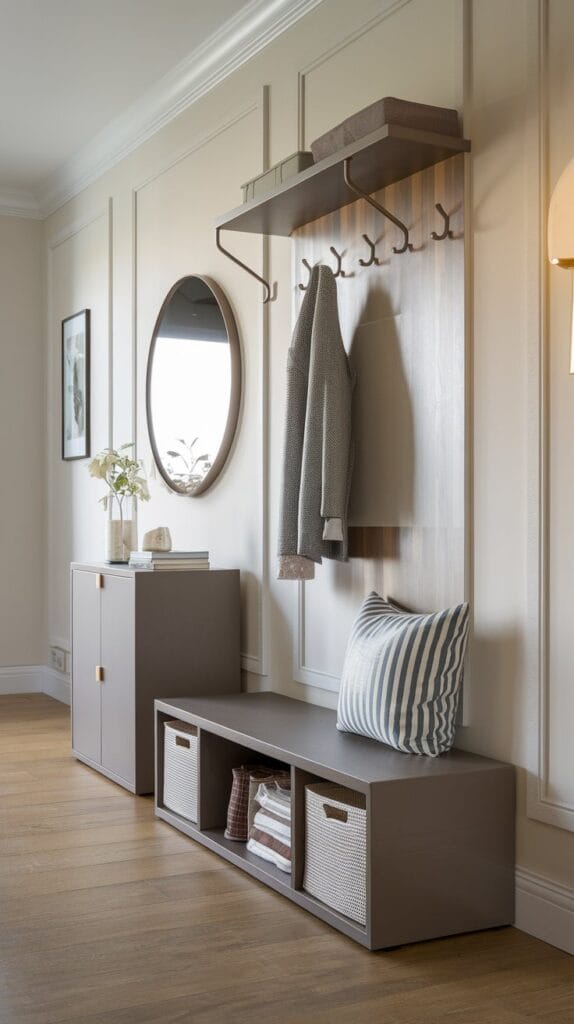 A hallway with a storage bench and multi-functional furniture.