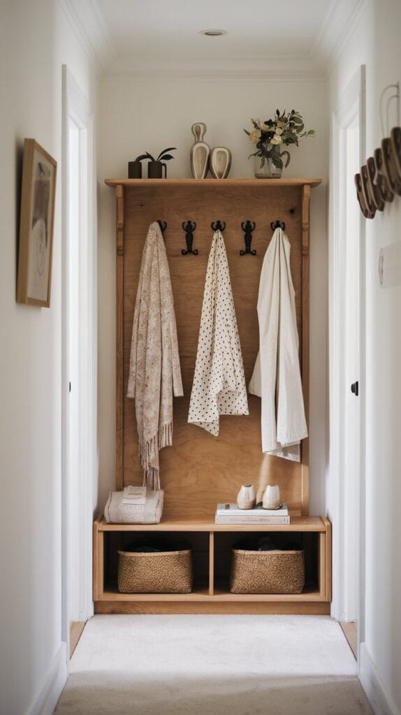 A hallway with decorative wall hooks and a stylish coat rack.