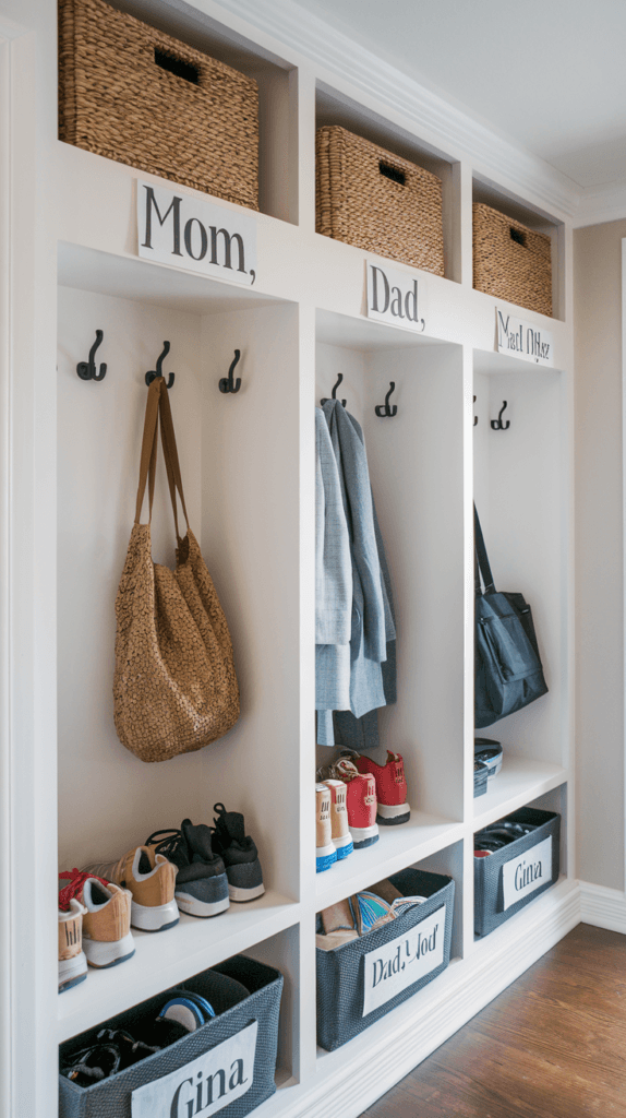 Built-in cubbies and lockers in a hallway for family storage.