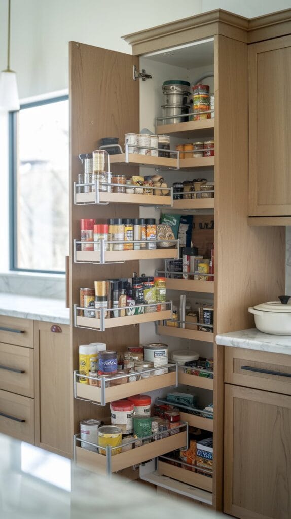 Pull-out pantry organizer in a kitchen cabinet with neatly arranged items.