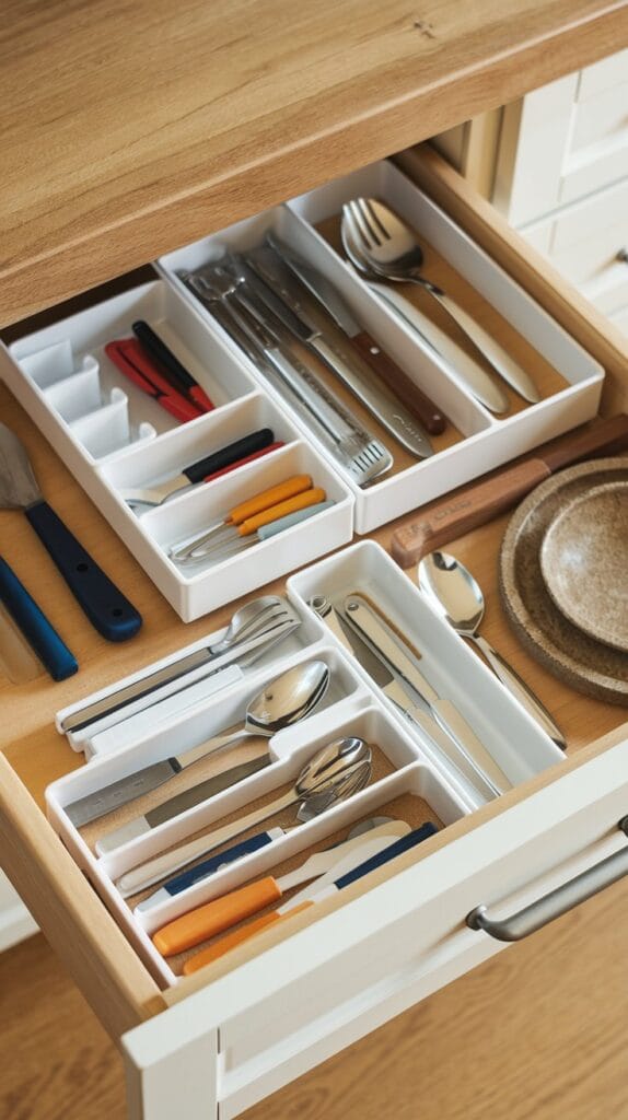 Drawer dividers in a kitchen organizing utensils and cutlery.