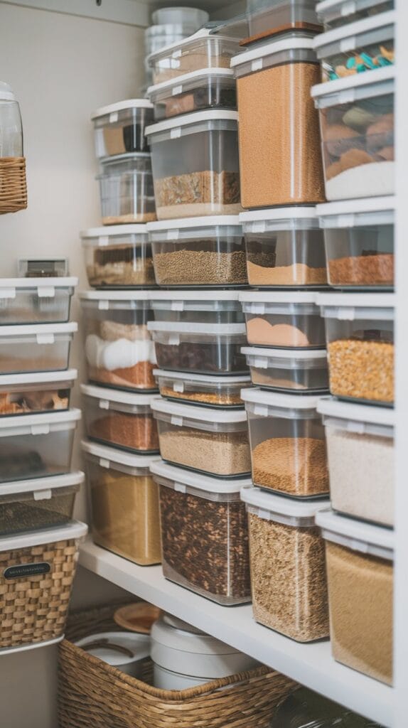 Stackable containers in a well-organized pantry.