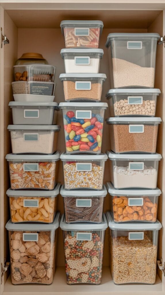 Stackable storage containers neatly arranged in a kitchen.