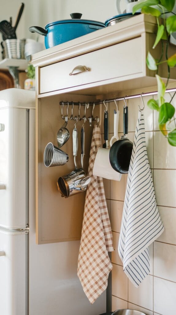 Under-cabinet hooks in the kitchen for space-saving storage.