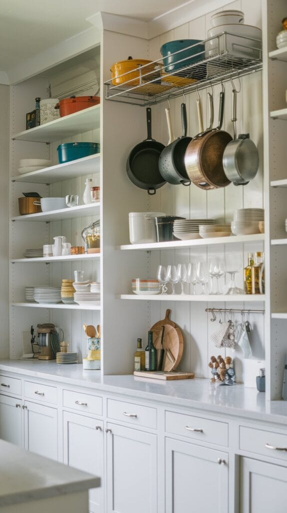 Vertical storage solutions in a kitchen for saving space.