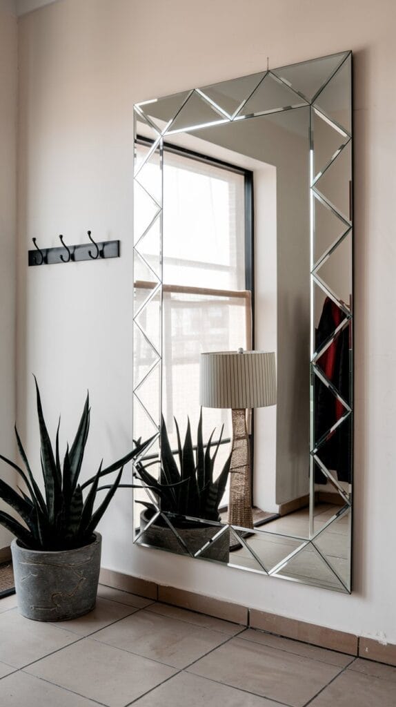 Large decorative mirror in an entryway creating the illusion of space.