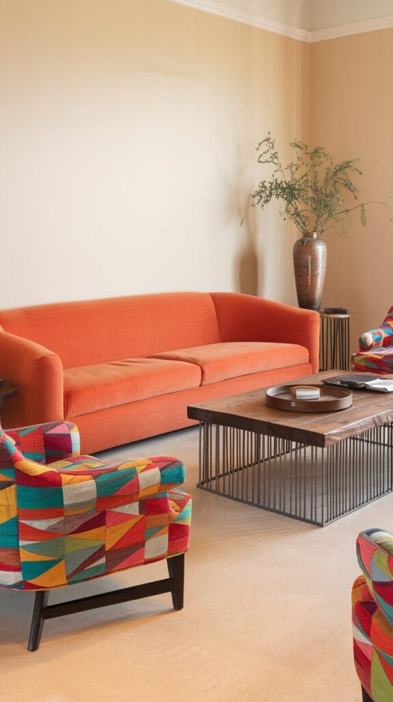 A living room with a bold statement sofa and colorful chairs.