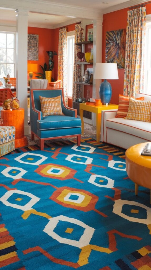 A living room with a colorful area rug.