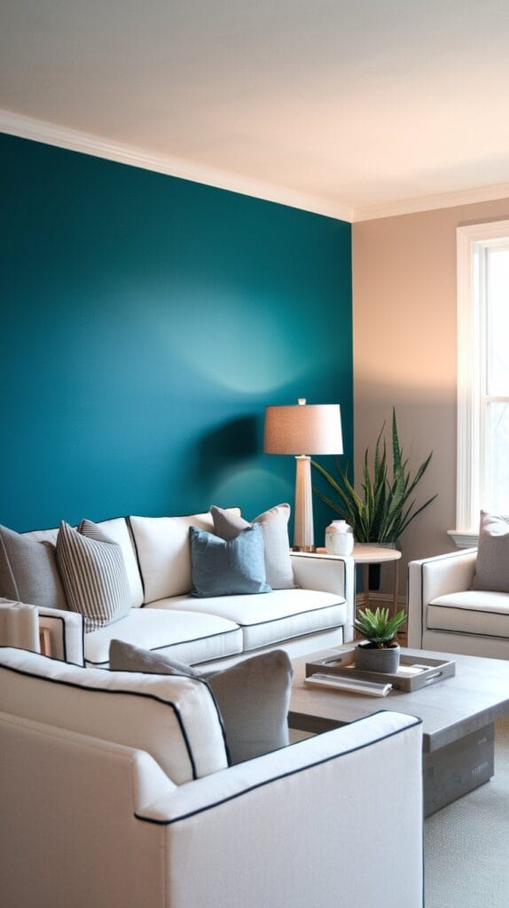 Living room with a bold accent wall and minimalist décor.