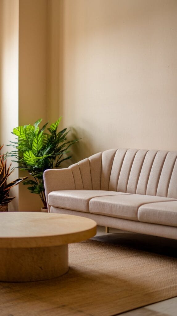Living room with plants and natural pops of color.