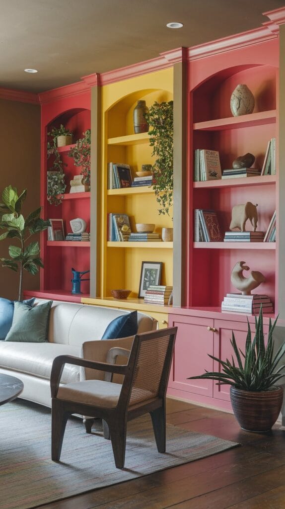 Living room with colorful built-in shelves and décor.
