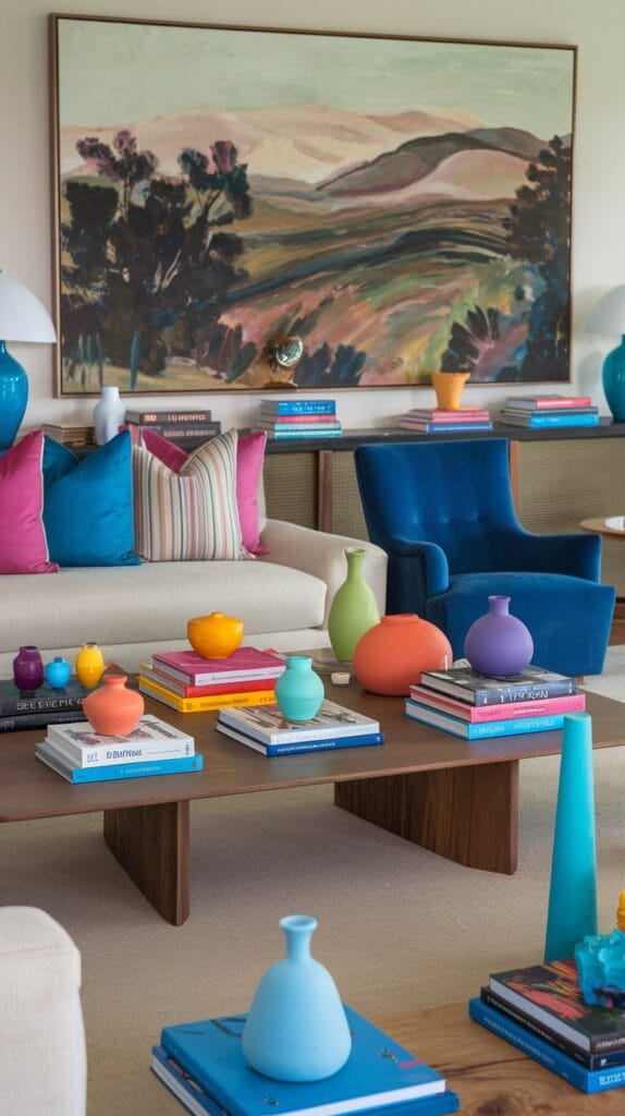 Living room with multicolored accessories like vases and cushions.