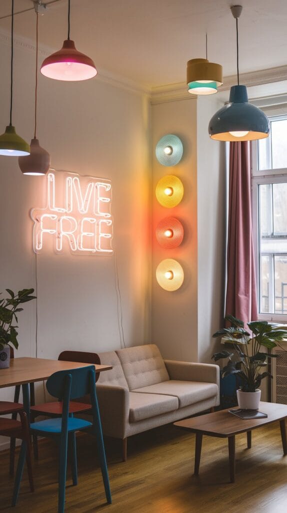 Living room with playful, colorful lighting elements.