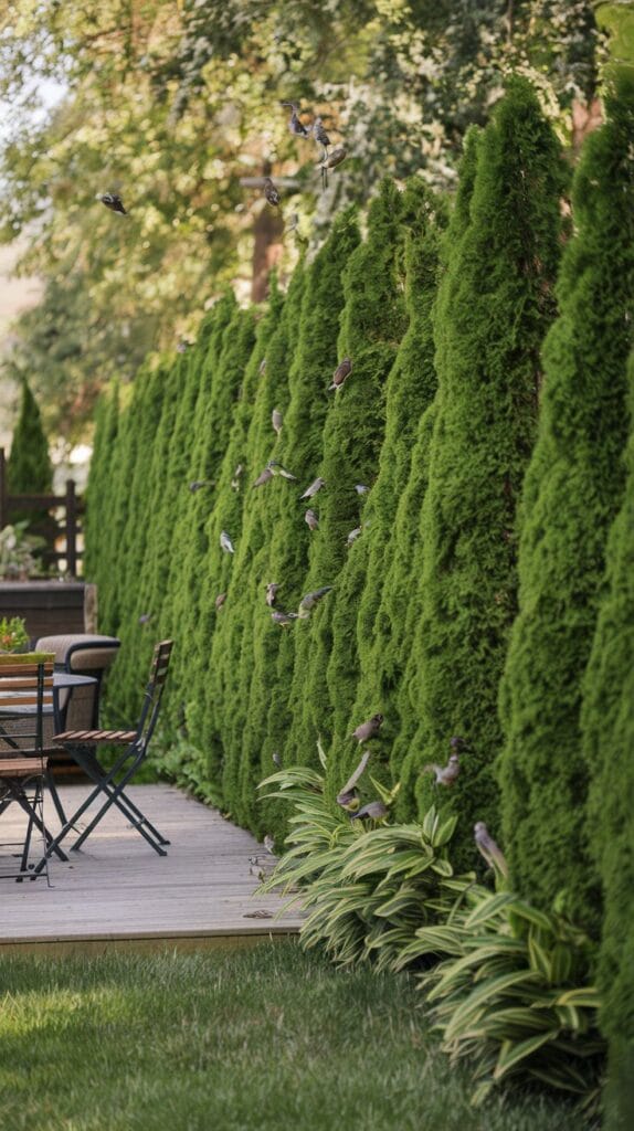  A dense green privacy hedge along a backyard fence.