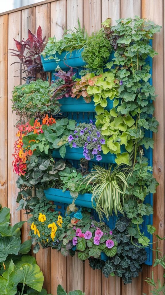 A lush vertical garden on a wooden fence with colorful flowers.