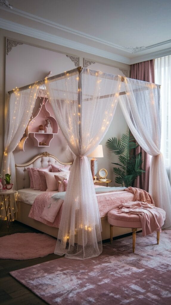A teenage girl’s bedroom with a romantic canopy bed and soft, dreamy lighting.
