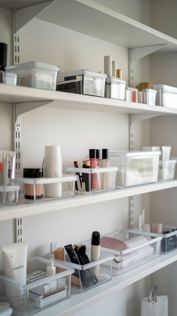Clear containers holding toiletries in a small, organized bathroom.