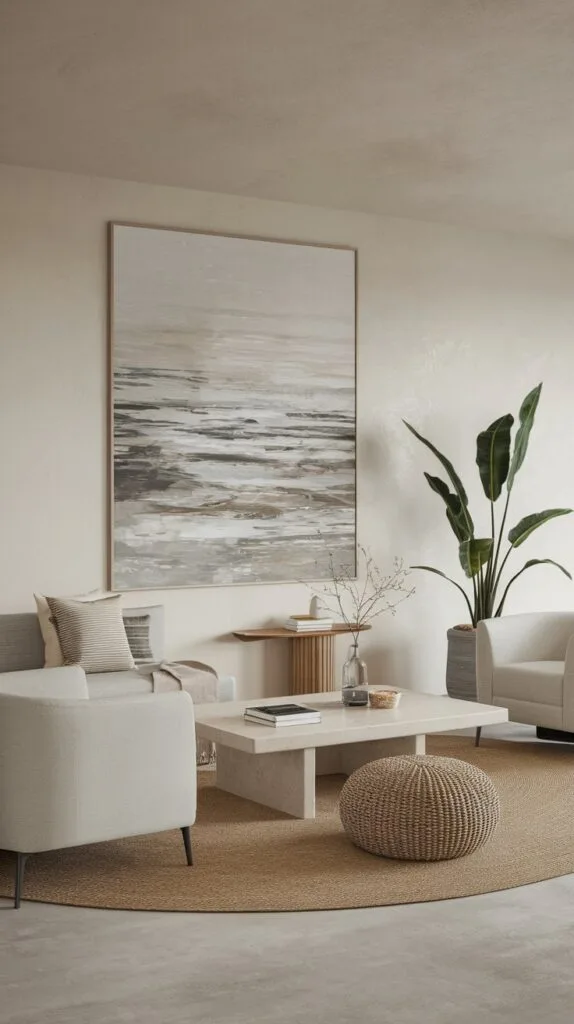 A minimalist coastal living room with neutral tones and simple decor.