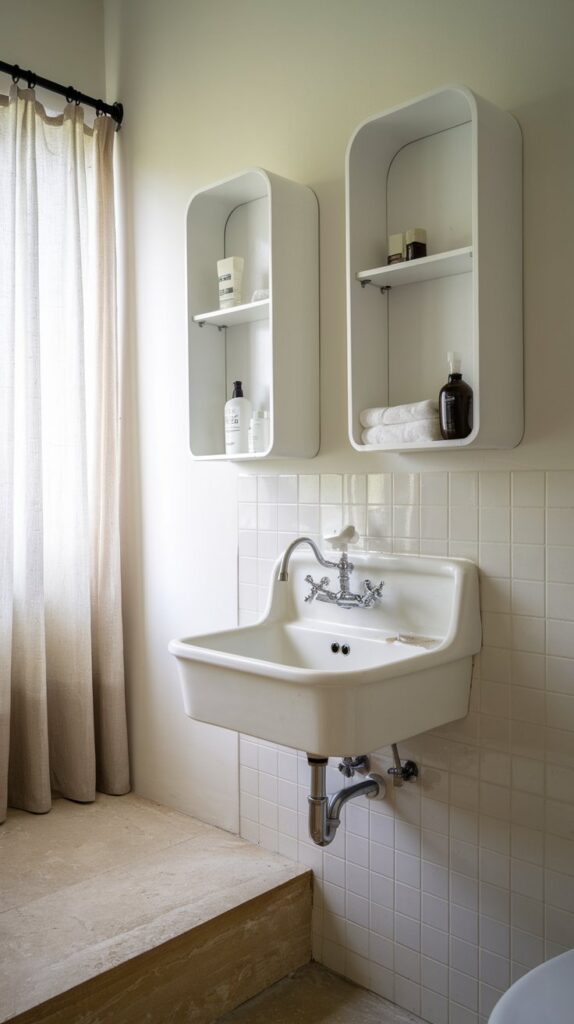 Wall-mounted cabinets in a small bathroom with storage for toiletries.