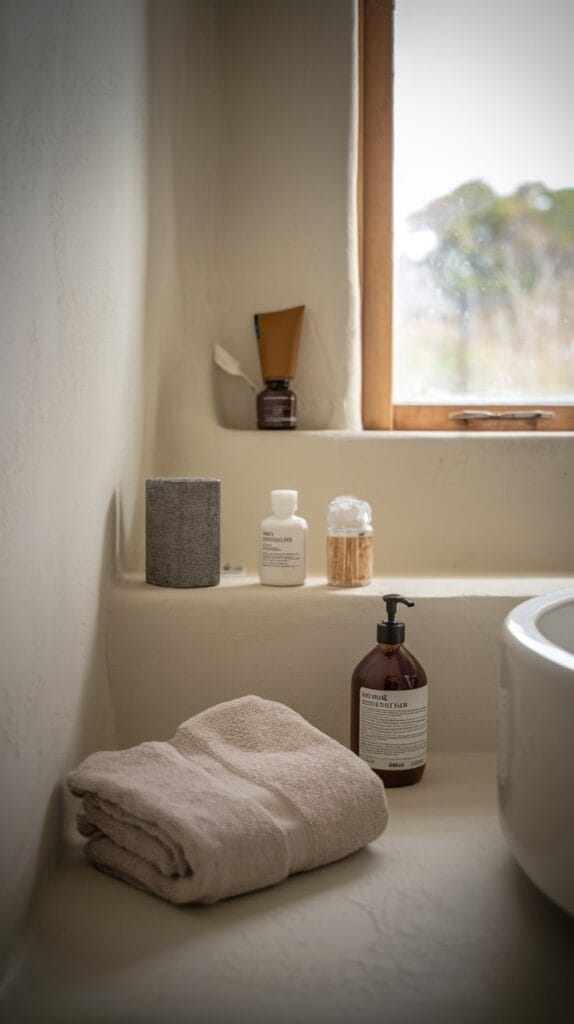 A minimalist small bathroom with only essential items on display for a clean and organized look.