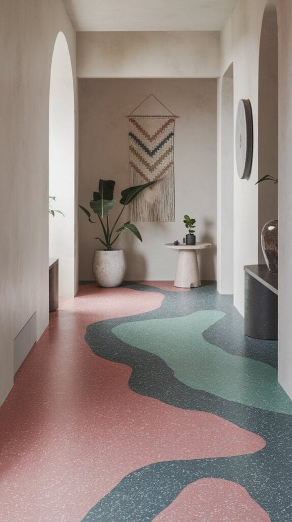 Trendy entryway with terrazzo flooring.