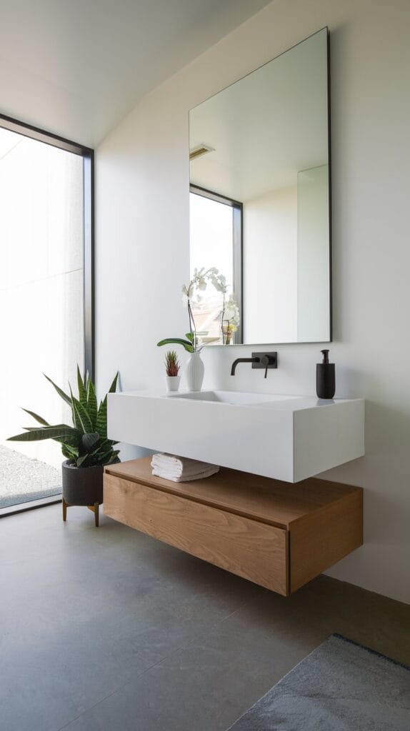 Floating vanity in a small modern bathroom with sleek design and minimalistic storage.