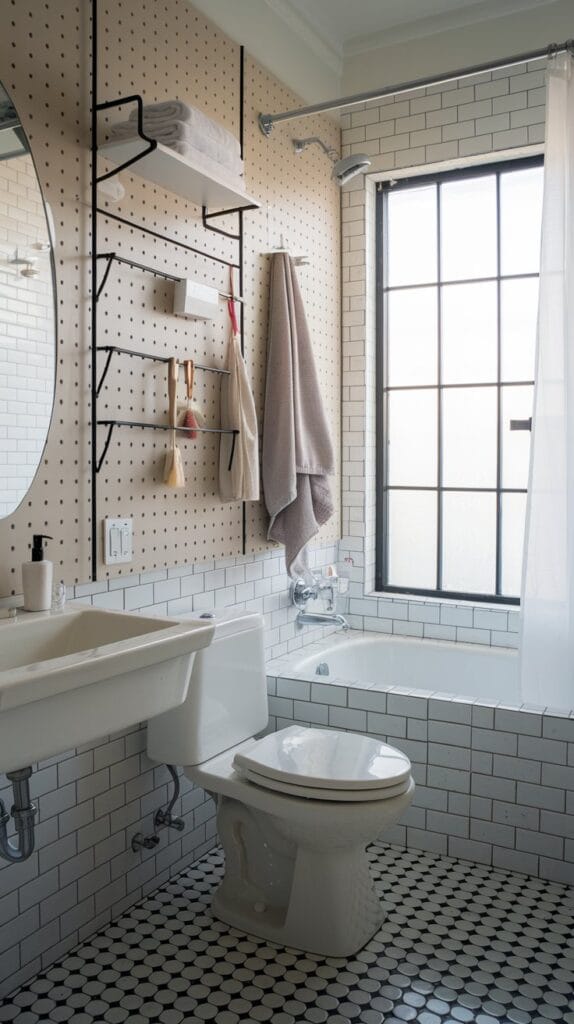 Pegboard with hooks for organizing bathroom essentials.