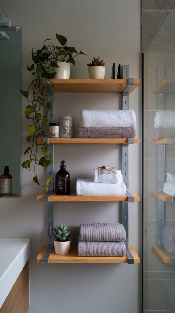 Wall-mounted shelves in a bathroom displaying towels and plants for space-saving storage.