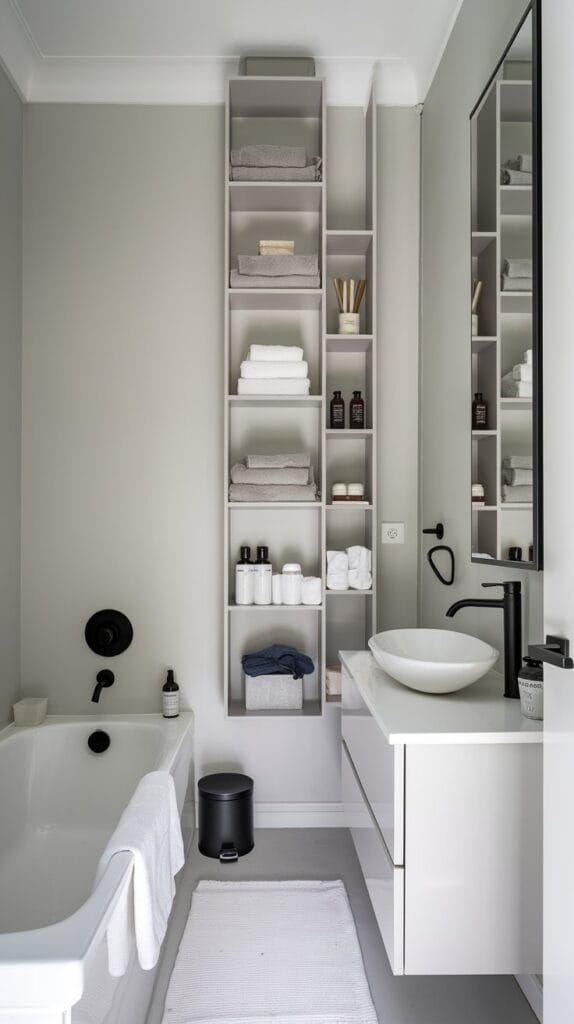 Small bathroom with effective vertical storage solutions using tall shelves to organize toiletries.