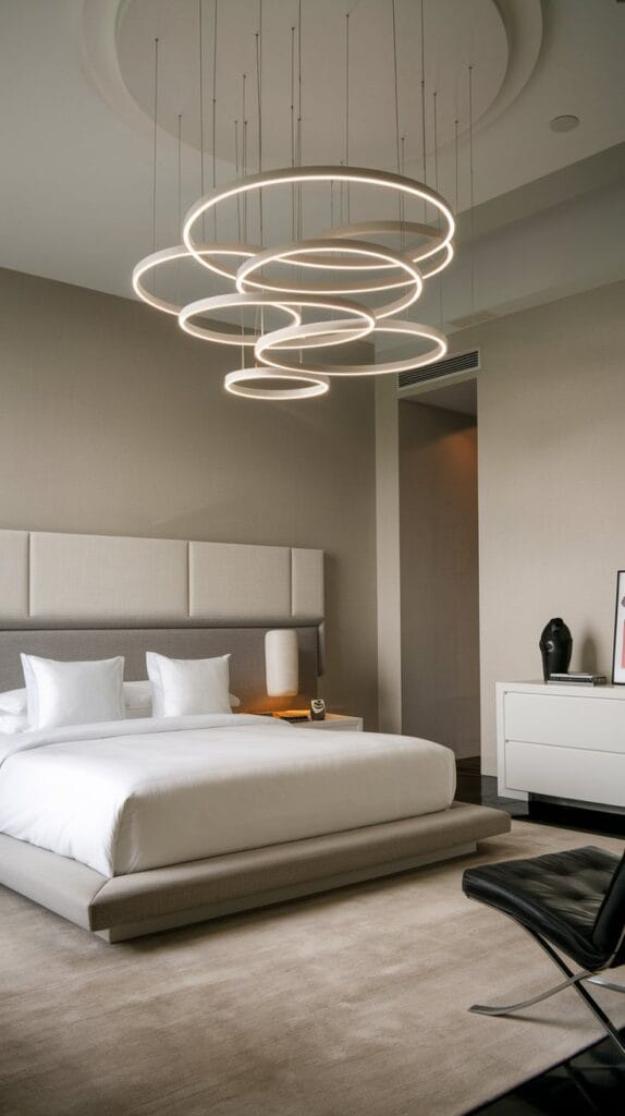 Bedroom with a statement pendant light hanging from the ceiling, adding style and elegance.