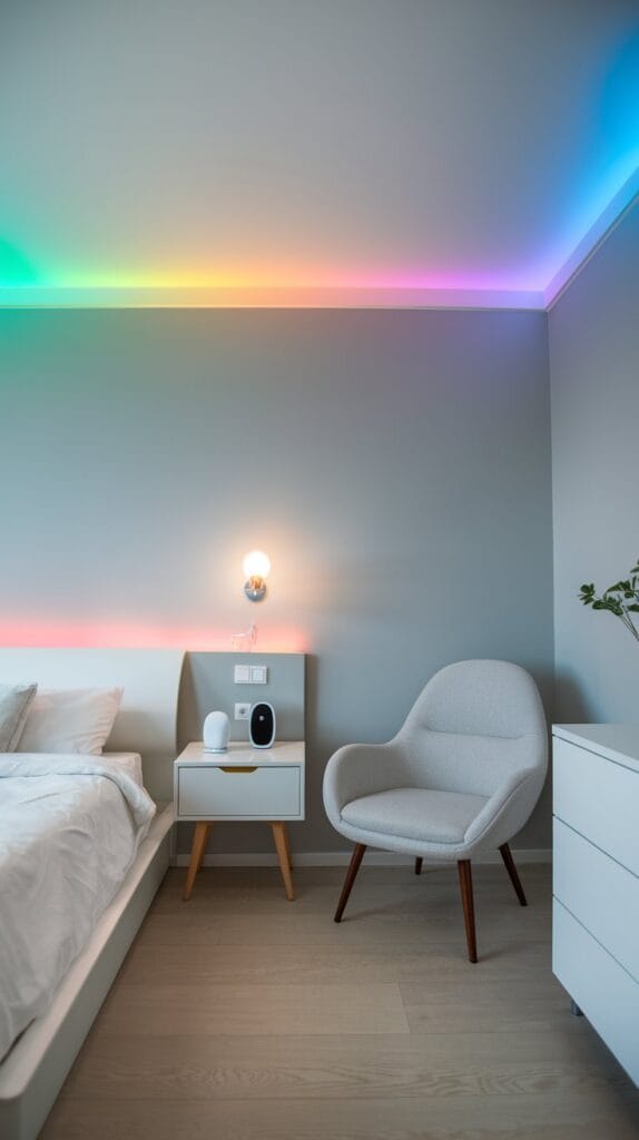 Bedroom with smart, color-changing lighting controlled via smartphone or voice assistant.