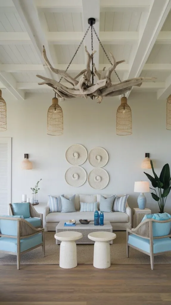 A coastal living room with a driftwood chandelier and rattan pendant lights.