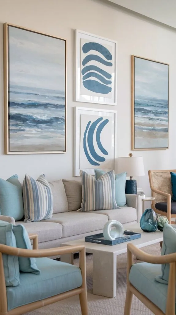 Coastal-inspired artwork featuring ocean landscapes and nautical themes in a modern living room.