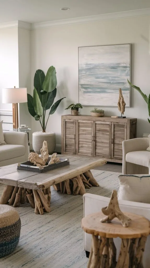 A coastal living room with driftwood furniture and decor elements.