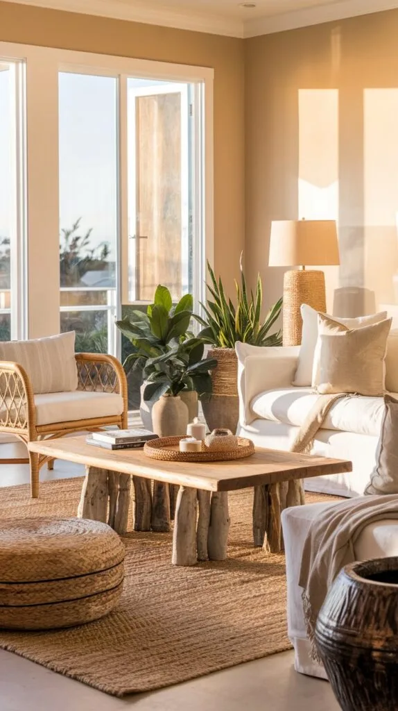 A coastal living room with rattan furniture, a wooden coffee table, and a woven jute rug.