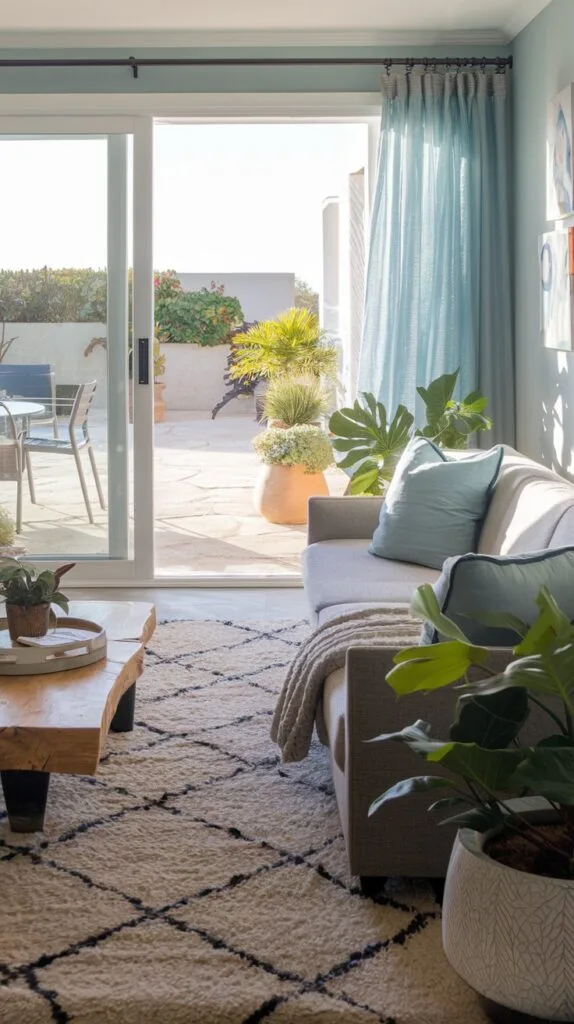 A coastal living room with sliding doors opening to a sunlit patio.