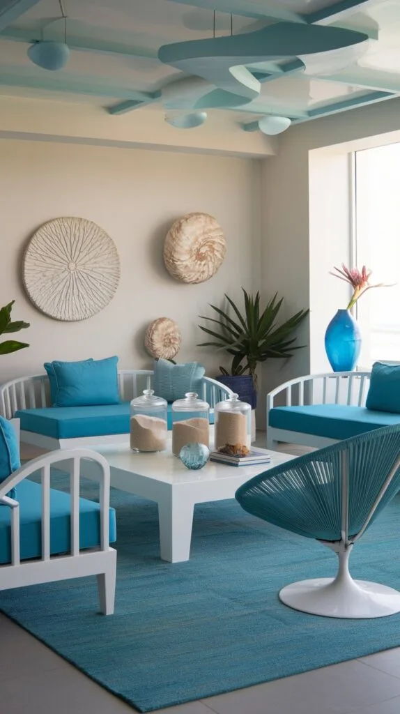 Ocean-inspired decor, including seashell vases and coral sculptures, in a coastal living room.
