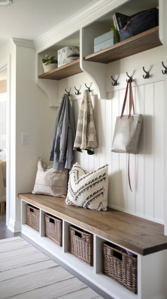 A multifunctional hallway bench with hooks and shelves for storage.