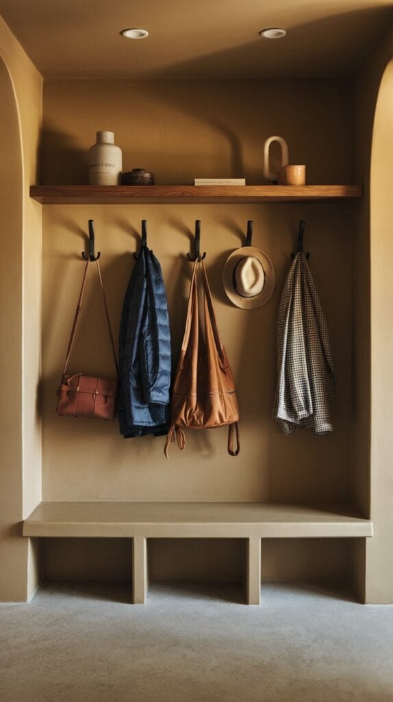 Wall-mounted hooks in an entryway holding coats, bags, and accessories.