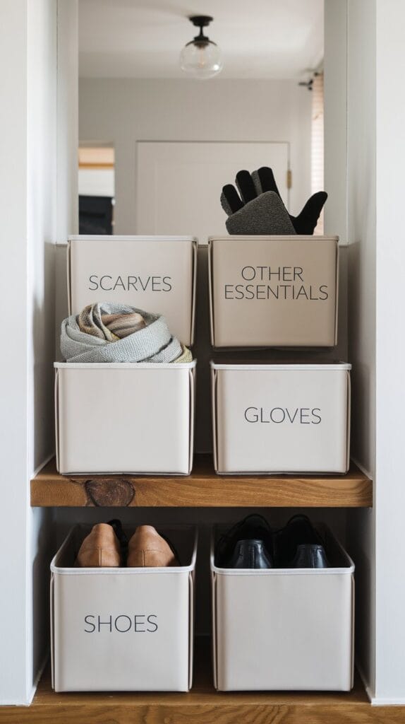 Labeled storage bins neatly organized in an entryway.