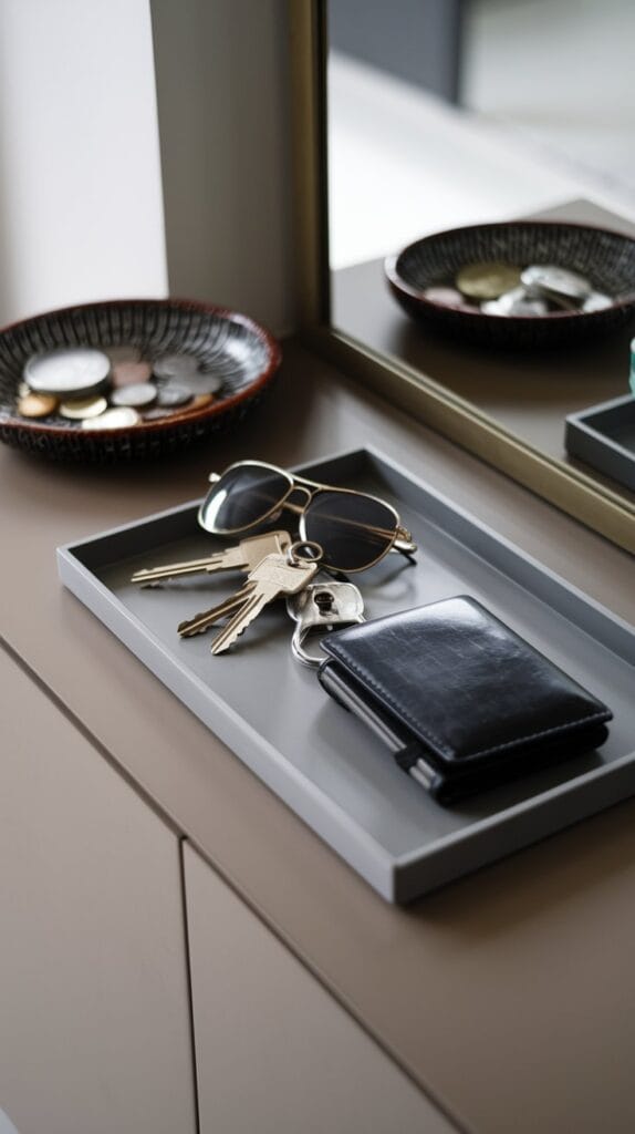Entryway drop zone with a small tray for keys and accessories.