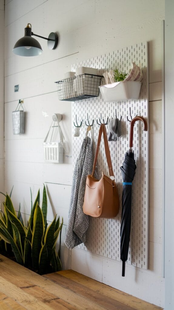 Pegboard in an entryway used for storage and organization.