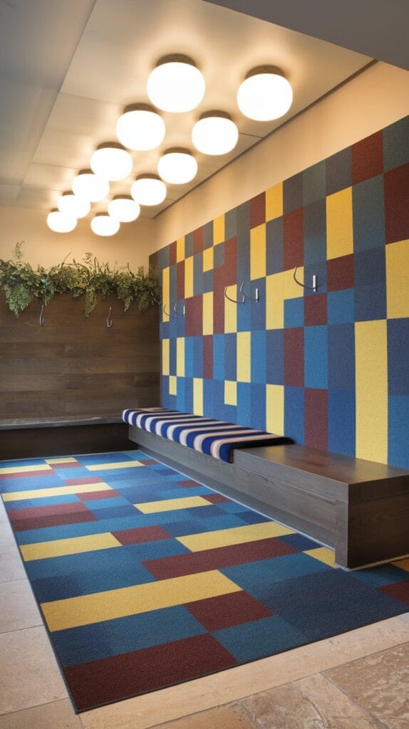 Vibrant entryway with patterned carpet tiles.