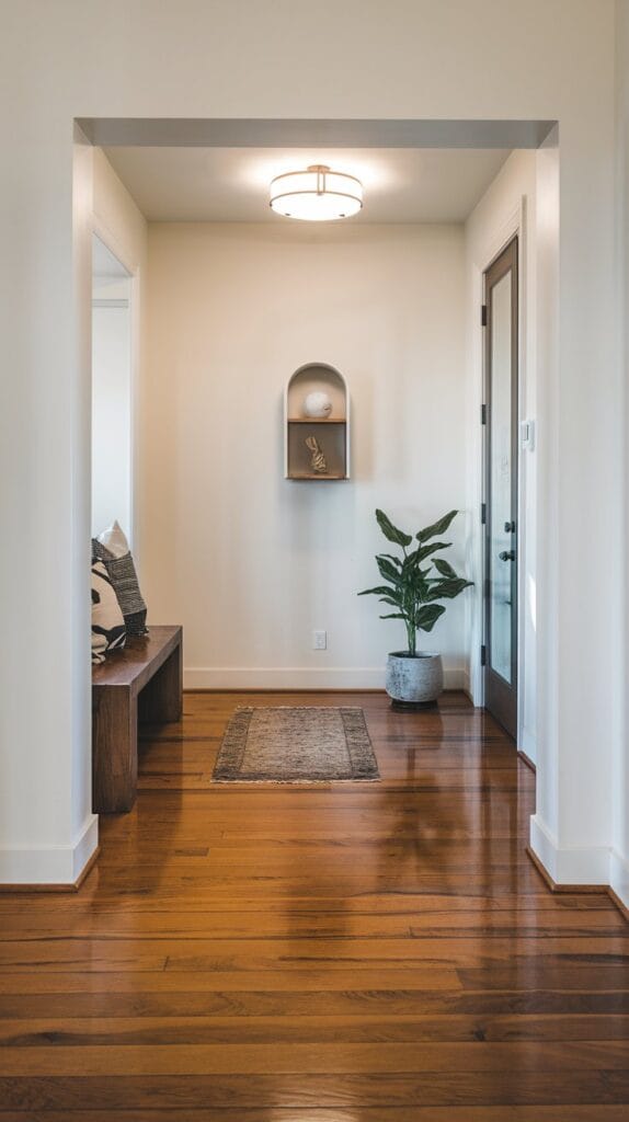 Elegant modern entryway with polished hardwood flooring.