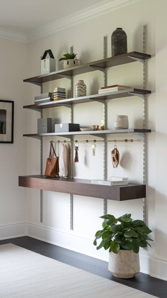 Sleek wall-mounted shelves for storage in a modern entryway.