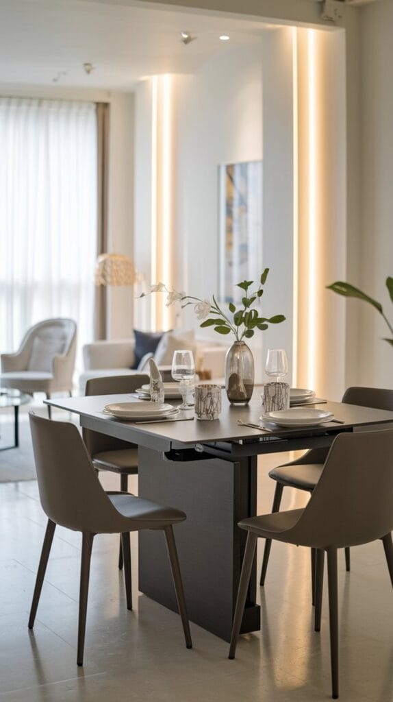 An expandable dining table in a small apartment, shown in both compact and extended forms.