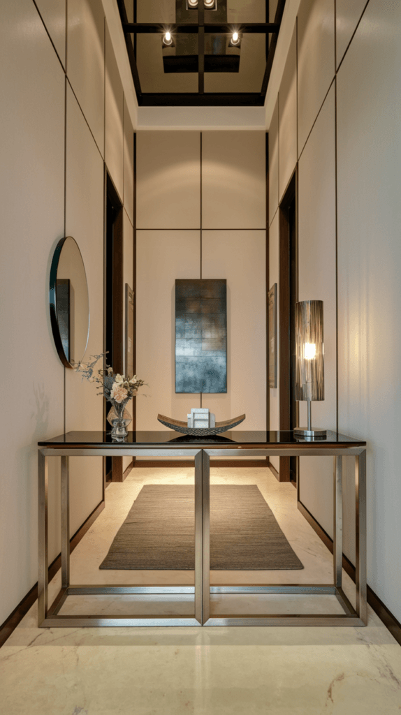 A stylish console table in a hallway entry with elegant decor and lighting.
