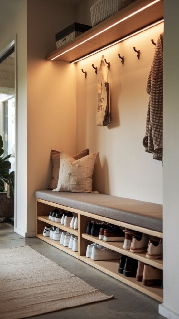 A narrow shoe bench with open shelving, providing storage and seating in a stylish hallway.