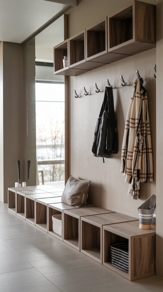 A versatile multi-functional cube bench set in a stylish hallway.